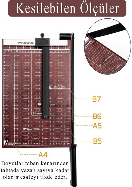 Giyotin Kağıt Kesme Makinesi A4 Metal Kollu Bordo Tablalı A5-A4 Ayarlanabilir Sürgülü Paslanmaz Kaliteli modelleri
