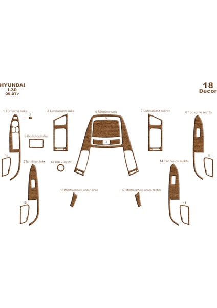 Hyundai I30 Konsol-Torpido Kaplama 2008 18 Parça Açık Meşe