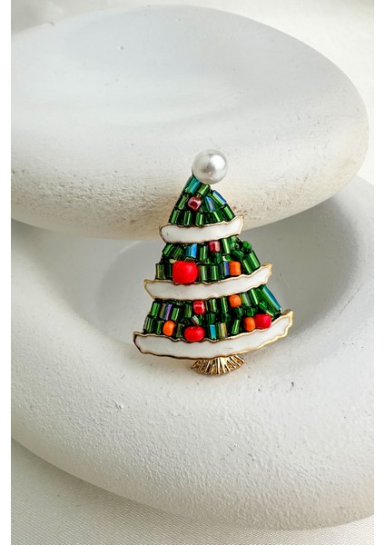 Yılbaşı Özel Incili Çubuk Boncuk Detay Yeşil Çam Ağacı Broş (4cm) modelleri