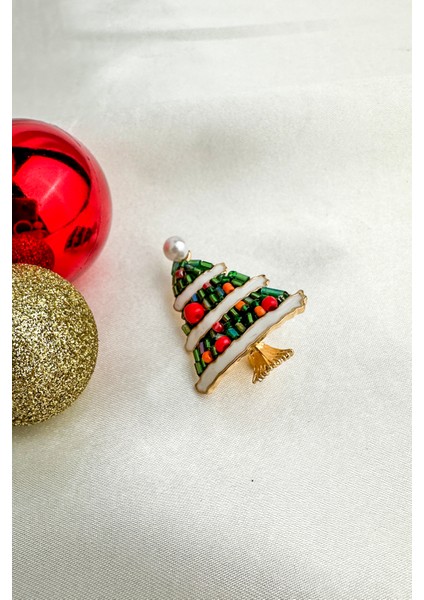 Yılbaşı Özel Incili Çubuk Boncuk Detay Yeşil Çam Ağacı Broş (4cm) indirimleri