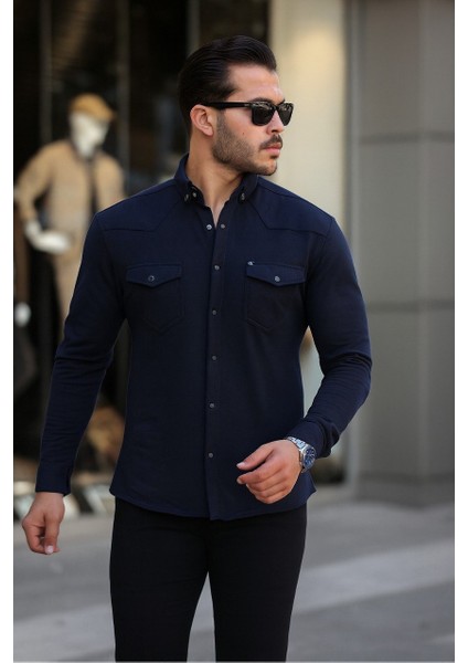 Erkek Çıtçıtlı Cepli Uzun Kollu Kışlık Lacivert Gömlek fiyatları