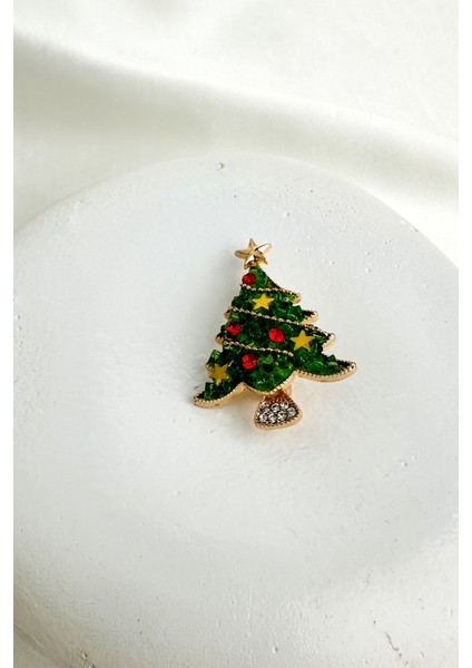 Yılbaşı Özel Yıldız Figürlü Taşlı Yeşil Çam Ağacı Broş (4cm)