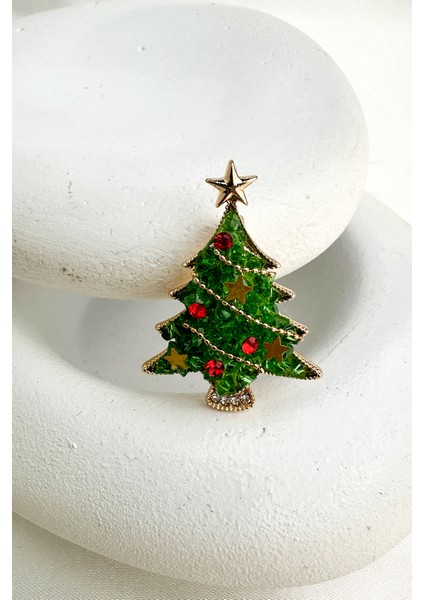 Yılbaşı Özel Yıldız Figürlü Taşlı Yeşil Çam Ağacı Broş (4cm) modelleri
