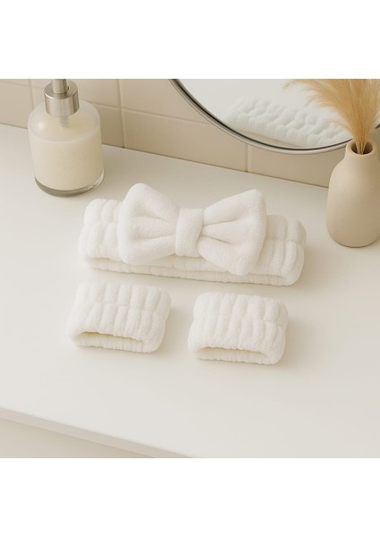 Mikrofiber Welsoft Saç Bandı ve Bileklik Seti – Makyaj & Yüz Yıkama Için