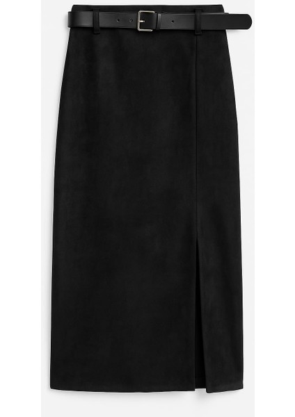 Kemer Detaylı Yırtmaçlı Kadın Süet Etek Siyah fiyatları