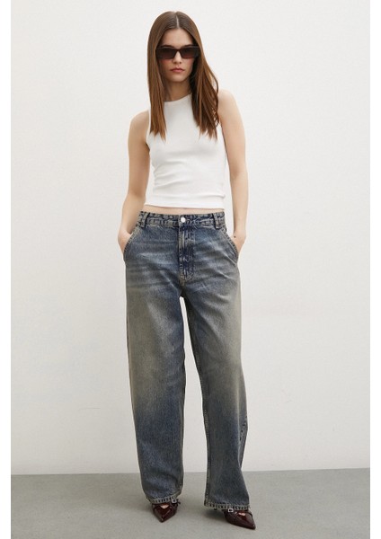 Yüksek Bel Baggy Jean Lacivert fiyatları
