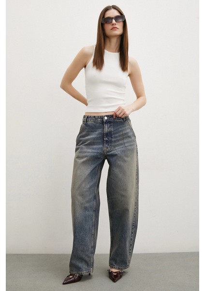 Yüksek Bel Baggy Jean Lacivert modelleri