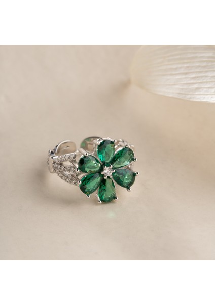 925 Ayar Gümüş Yeşil Taşlı Çiçek Yüzük indirimleri