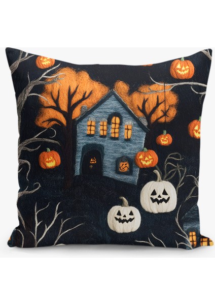 Çift Taraflı Dijital Baskı Kırlent Kılıfı Keçe Işi Gürünümlü Hallowen - Cadılar Bayramı Desenli