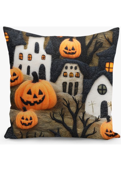 Çift Taraflı Dijital Baskı Kırlent Kılıfı Keçe Işi Gürünümlü Hallowen - Cadılar Bayramı Desenli