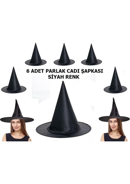 Halloween Siyah Renk Parlak Drn Cadı Şapkası Yetişkin ve Çocuk Uyumlu 6 Adet