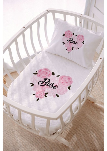 Isme Özel 70X120 Park Yatak ve Anne Yanı Pike Seti Kalp Çiçek