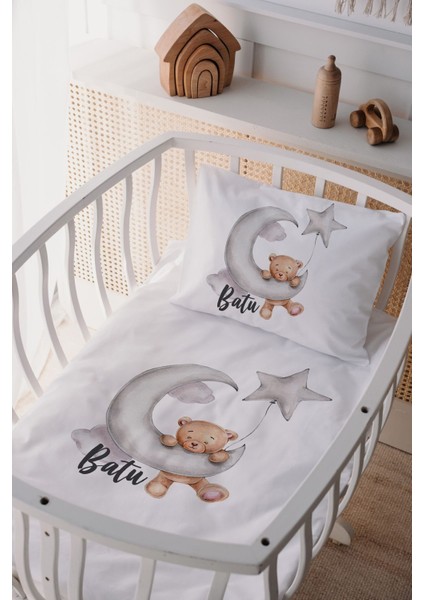 %100 Pamuk Saten Isme Özel Isimli Anne Yanı Beşik Nevresim Takımı Ayıcık
