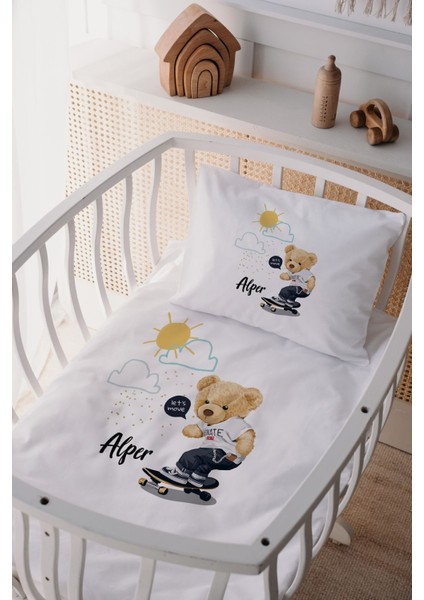 %100 Pamuk Saten Isme Özel Isimli Anne Yanı Beşik Nevresim Takımı Ayıcık