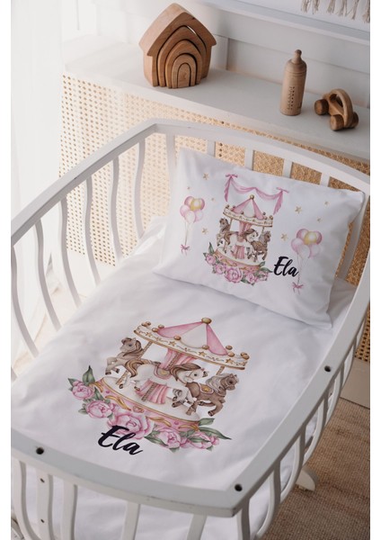 %100 Pamuk Saten Isme Özel Isimli Anne Yanı Beşik Nevresim Takımı Pembe Atlıkarınca
