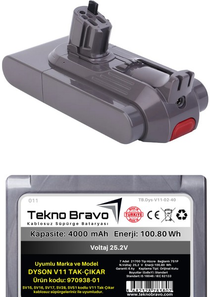 (Dyson V11 Tak-Çıkar Uyumlu Ürün Kodu: 970938-01 ) 4000MAH Kablosuz Dikey Süpürge Bataryası