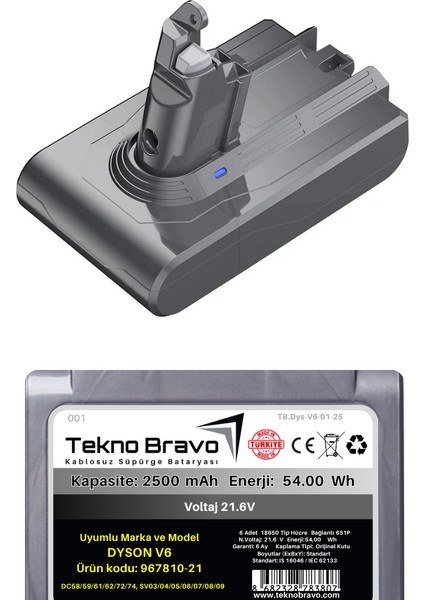 (Dyson V6 Uyumlu Ürün Kodu: 967810-21 ) 2500MAH Kablosuz Dikey Süpürge Bataryası