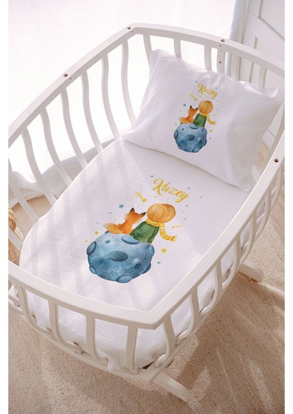 Isme Özel %100 Pamuk Park Yatak ve Anne Yanı Pike Seti 75X120 cm Küçük Prens