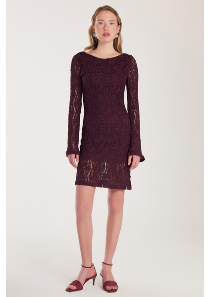 Kadın Slim Fit Dar Kesim Uzun Kollu Sırt Dekolteli Örgü Detaylı Mürdüm Elbise