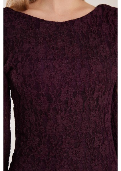 Kadın Slim Fit Dar Kesim Uzun Kollu Sırt Dekolteli Örgü Detaylı Mürdüm Elbise modelleri