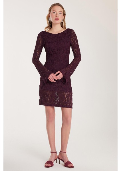 Kadın Slim Fit Dar Kesim Uzun Kollu Sırt Dekolteli Örgü Detaylı Mürdüm Elbise fırsatları