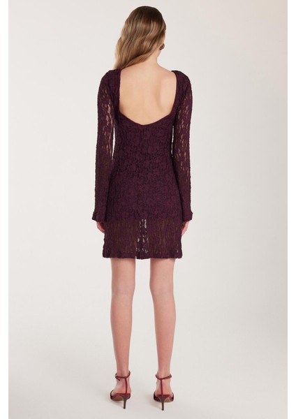 Kadın Slim Fit Dar Kesim Uzun Kollu Sırt Dekolteli Örgü Detaylı Mürdüm Elbise indirimleri