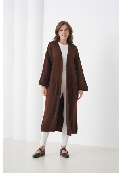 Kadın Tesettüre Uygun Maxi Boy Uzun Kol Cepli Spor Şık Triko Ceket