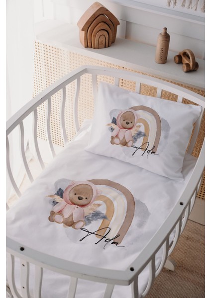 %100 Pamuk Saten Isme Özel Isimli Anne Yanı Beşik Nevresim Takımı Ayıcık