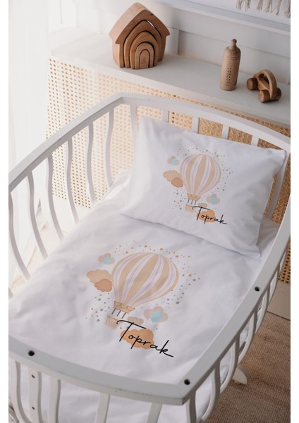 %100 Pamuk Saten Isme Özel Isimli Anne Yanı Beşik Nevresim Takımı Balon