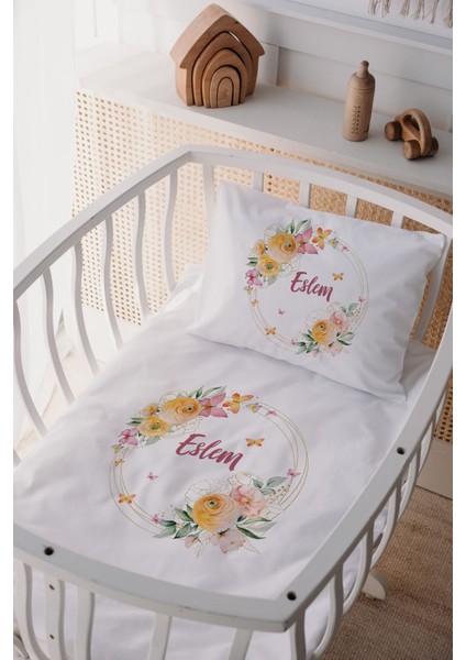 %100 Pamuk Saten Isme Özel Anne Yanı Beşik Nevresim Takımı Çiçek