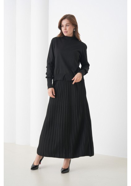 Kadın Pileli Etek Kazağı V Tasarım Tesettüre Uygun Örgü Triko Etek Kazak Takım