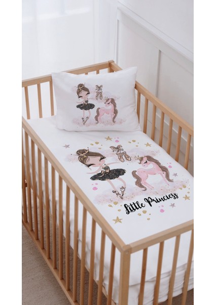 %100 Pamuk Anne Yanı Beşik Nevresim Takımı (60X100) Balerin ve Unicorn