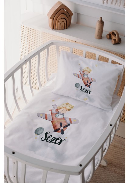 %100 Pamuk Saten Isme Özel Isimli Anne Yanı Beşik Nevresim Takımı Küçük Prens