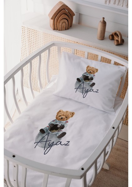 %100 Pamuk Saten Isme Özel Isimli Anne Yanı Beşik Nevresim Takımı Ayıcık