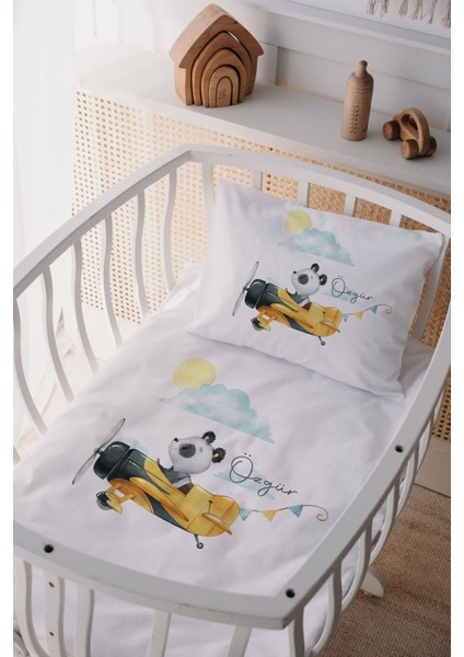 %100 Pamuk Saten Isme Özel Isimli Anne Yanı Beşik Nevresim Takımı Panda
