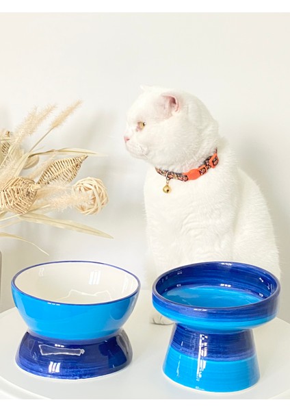 Seramik Kedi ve Köpek Mama Su Kabı Luna- Ayaklı Model 2'li(Mavi- Lacivert)