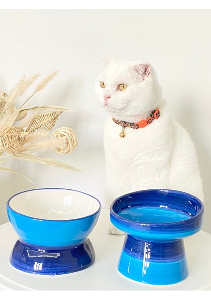 Seramik Kedi ve Köpek Mama Su Kabı Luna- Ayaklı Model 2'li(Mavi- Lacivert) fiyatları