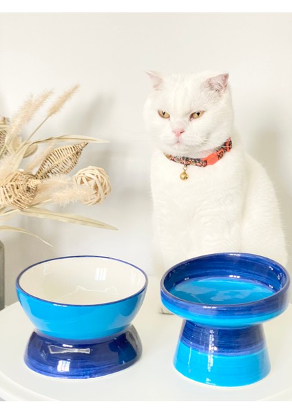 Seramik Kedi ve Köpek Mama Su Kabı Luna- Ayaklı Model 2'li(Mavi- Lacivert) modelleri