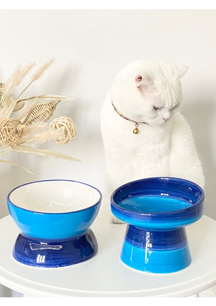 Seramik Kedi ve Köpek Mama Su Kabı Luna- Ayaklı Model 2'li(Mavi- Lacivert) fırsatları