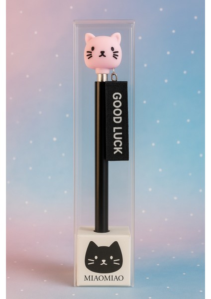 Sevimli Kedi Kafalı Good Luck’ 0,7 Uçlu Kalem – Şeffaf Kutulu Sevimli Tasarım