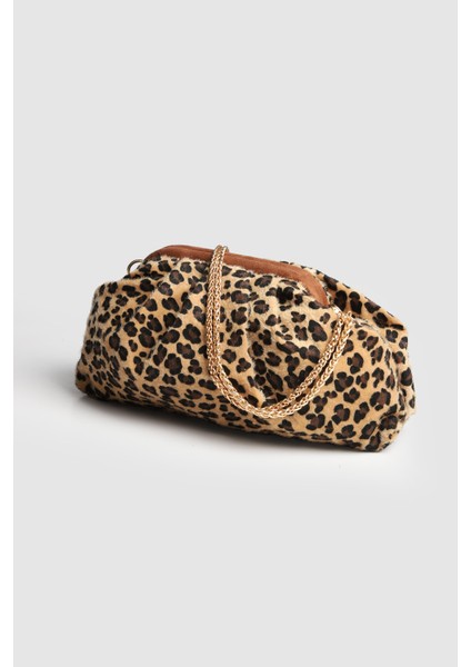 Kadın Sofya Kadife Taşlı Portföy- Askılı Çanta Leopar Taba