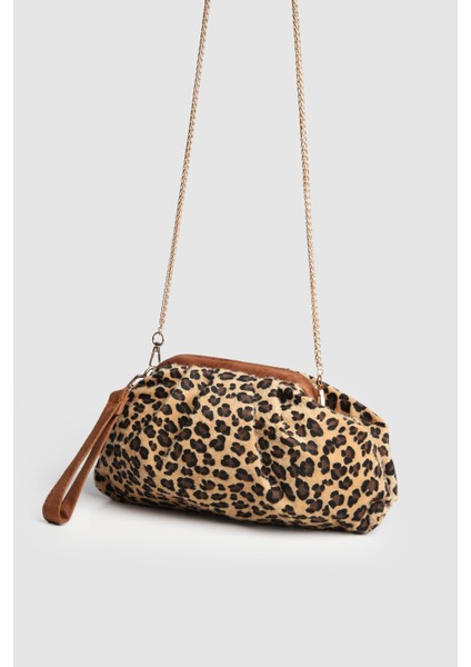 Kadın Sofya Kadife Taşlı Portföy- Askılı Çanta Leopar Taba fiyatları