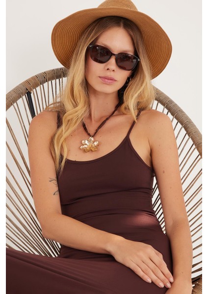Kadın Slim Fit Dar Kesim Ince Askılı U Yaka Kahverengi Elbise fiyatları
