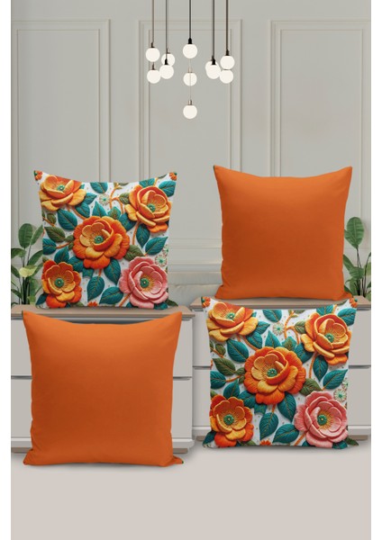 4 Lü Çift Taraflı Dijital Baskı Kırlent Kılıfı Nakış Görünümlü Çiçek Desenli