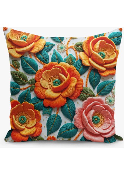 4 Lü Çift Taraflı Dijital Baskı Kırlent Kılıfı Nakış Görünümlü Çiçek Desenli fiyatları