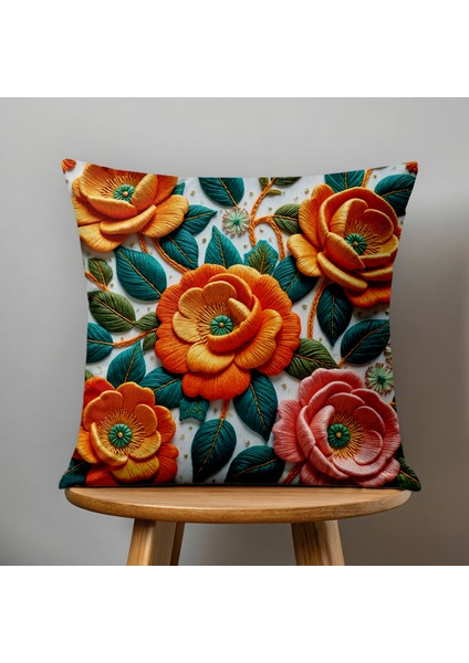 4 Lü Çift Taraflı Dijital Baskı Kırlent Kılıfı Nakış Görünümlü Çiçek Desenli modelleri