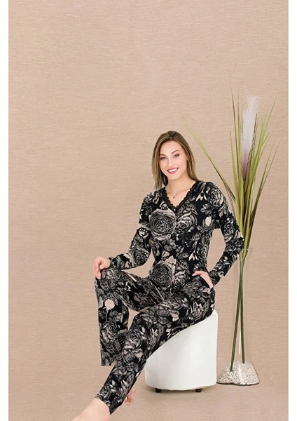 Lady Lingerie Çiçek Desenli,uzun Kollu,düğmeli Kadın Pijama Takımı