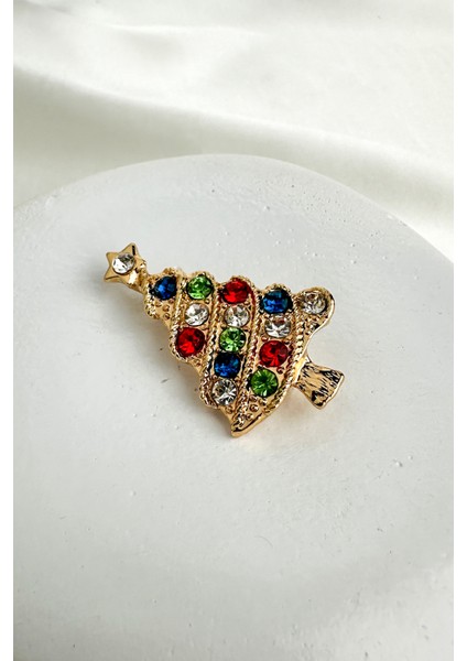 Yılbaşı Özel Altın Renk Üzeri Renkli Taşlı Çam Ağacı Broş (5cm)