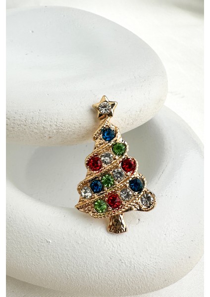 Yılbaşı Özel Altın Renk Üzeri Renkli Taşlı Çam Ağacı Broş (5cm) modelleri