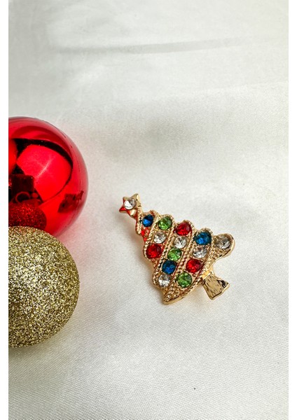 Yılbaşı Özel Altın Renk Üzeri Renkli Taşlı Çam Ağacı Broş (5cm) indirimleri
